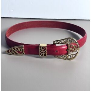 Brighton VINTAGE Red Leather Western Style Belt Brass Filigree Buckle‎